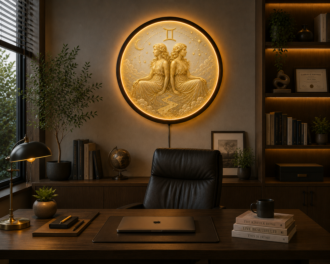 Gemini Zodiac LED Wall Art, Astrology Twins Lighted Wall Decor, Celestial Moon Star Round Acrylic Lamp, Horoscope Gift, Wooden Frame
