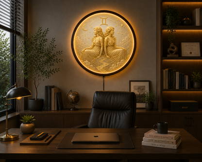Gemini Zodiac LED Wall Art, Astrology Twins Lighted Wall Decor, Celestial Moon Star Round Acrylic Lamp, Horoscope Gift, Wooden Frame