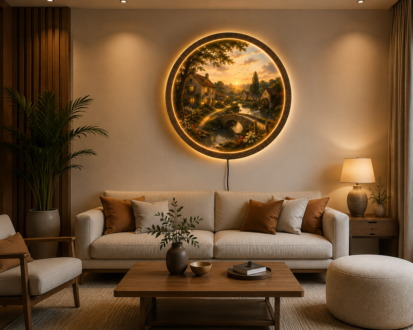 Cottage Landscape LED Wall Art, Round Countryside Light, Rustic Village Decor, Farmhouse Wall Art, Cozy Home Decor