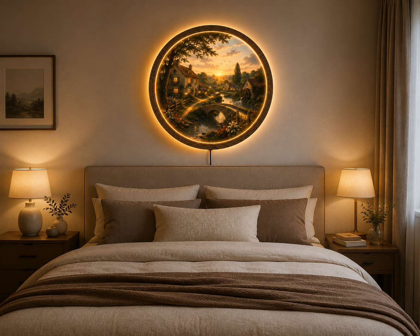 Cottage Landscape LED Wall Art, Round Countryside Light, Rustic Village Decor, Farmhouse Wall Art, Cozy Home Decor