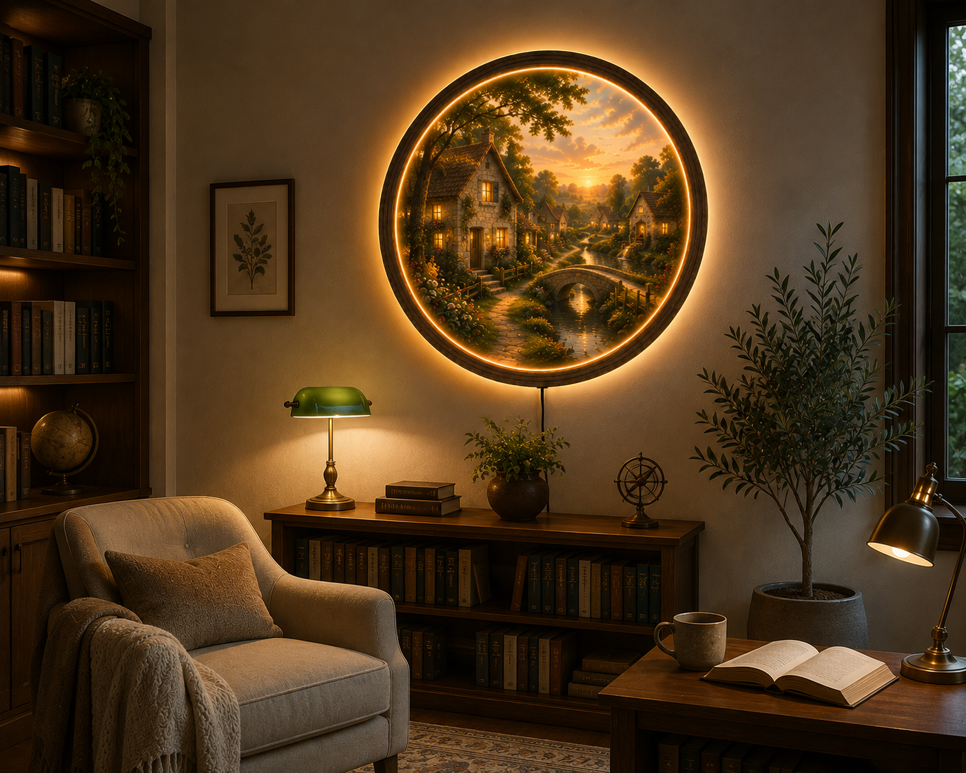 Cottage Landscape LED Wall Art, Round Countryside Light, Rustic Village Decor, Farmhouse Wall Art, Cozy Home Decor