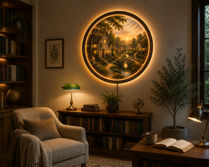 Cottage Landscape LED Wall Art, Round Countryside Light, Rustic Village Decor, Farmhouse Wall Art, Cozy Home Decor