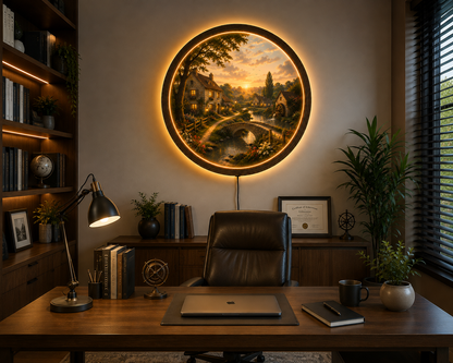Cottage Landscape LED Wall Art, Round Countryside Light, Rustic Village Decor, Farmhouse Wall Art, Cozy Home Decor