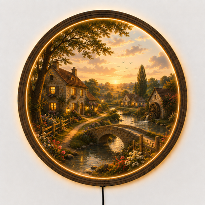 Cottage Landscape LED Wall Art, Round Countryside Light, Rustic Village Decor, Farmhouse Wall Art, Cozy Home Decor