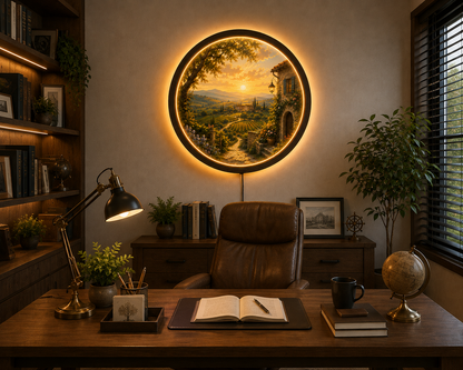 Tuscan Countryside LED Wall Art, Round Lighted Wall Decor, Rustic Farmhouse Landscape, Italy Vineyard Sunset Wall Hanging, Warm Ambient Bedroom Living Room Gift