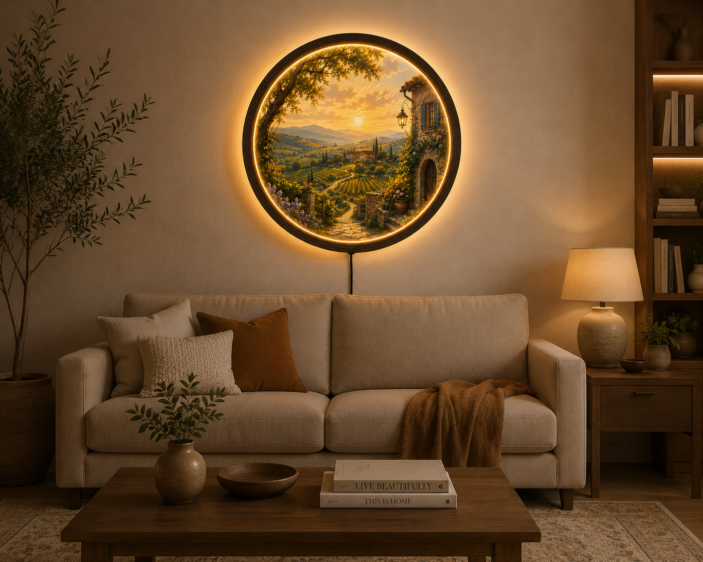 Tuscan Countryside LED Wall Art, Round Lighted Wall Decor, Rustic Farmhouse Landscape, Italy Vineyard Sunset Wall Hanging, Warm Ambient Bedroom Living Room Gift