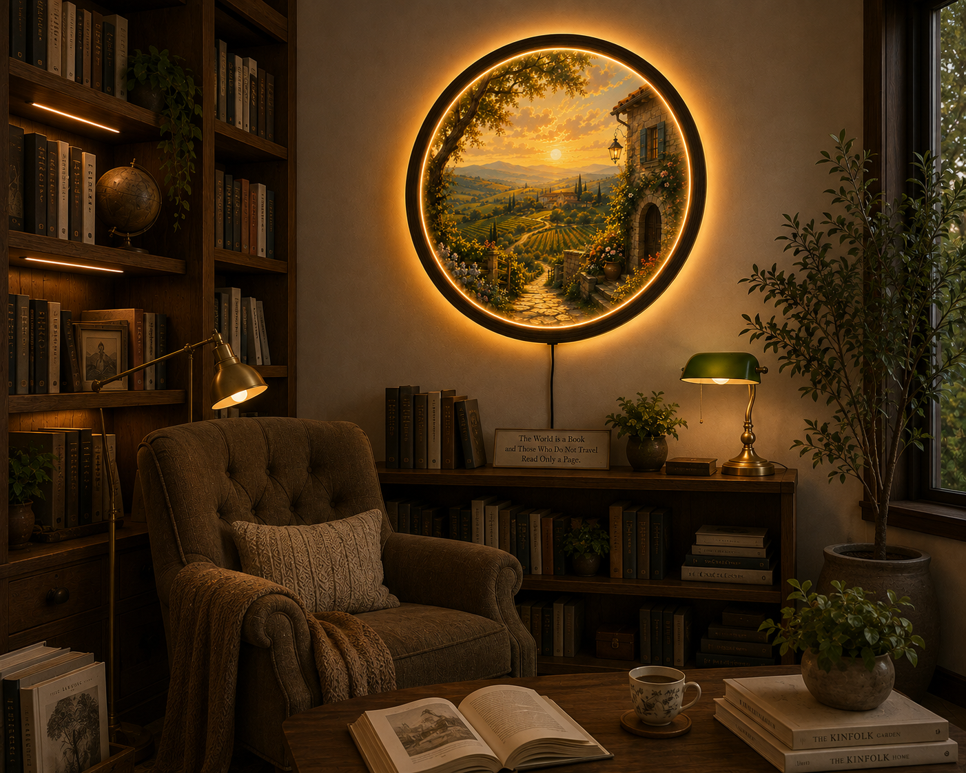 Tuscan Countryside LED Wall Art, Round Lighted Wall Decor, Rustic Farmhouse Landscape, Italy Vineyard Sunset Wall Hanging, Warm Ambient Bedroom Living Room Gift