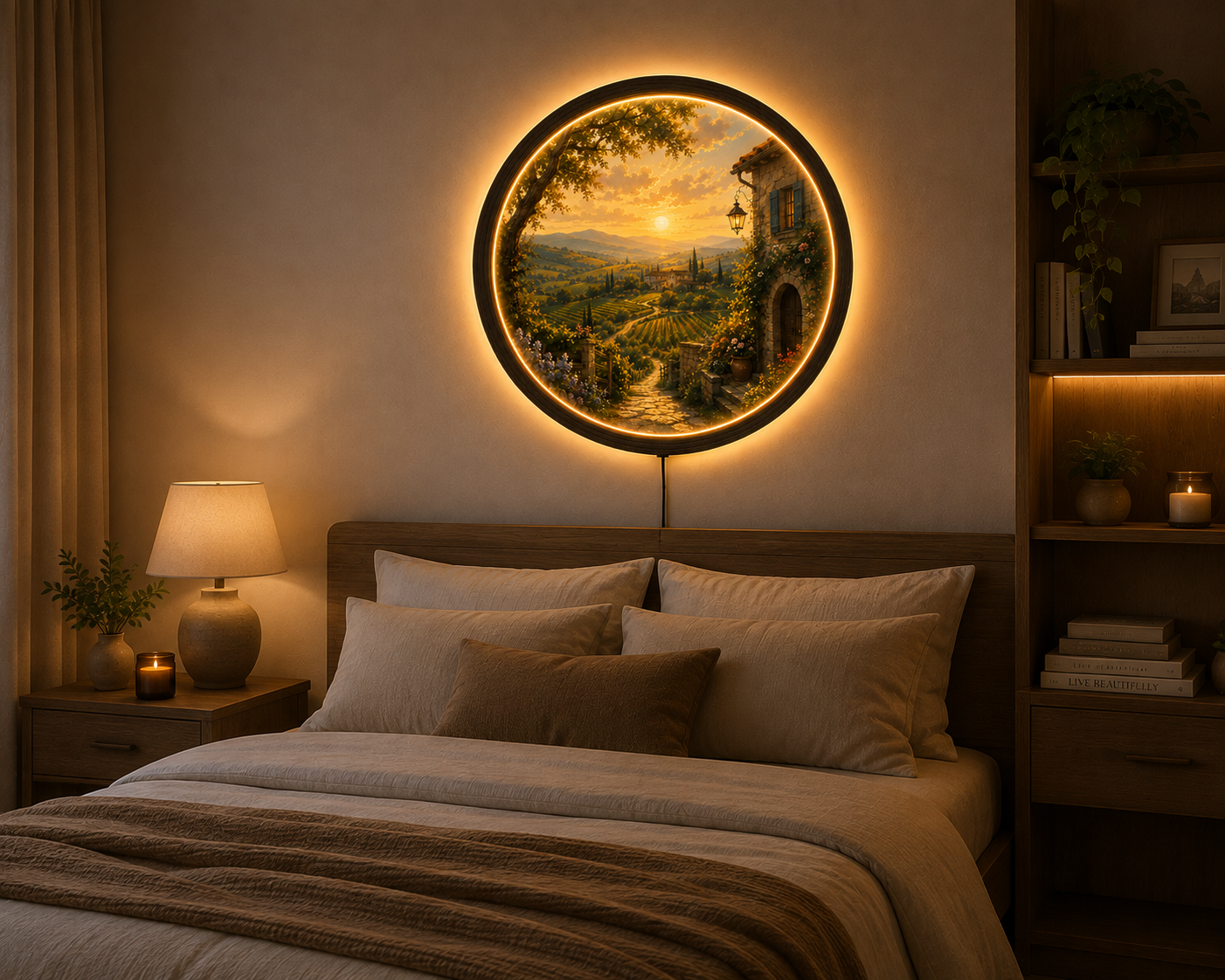 Tuscan Countryside LED Wall Art, Round Lighted Wall Decor, Rustic Farmhouse Landscape, Italy Vineyard Sunset Wall Hanging, Warm Ambient Bedroom Living Room Gift