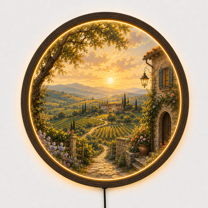 Tuscan Countryside LED Wall Art, Round Lighted Wall Decor, Rustic Farmhouse Landscape, Italy Vineyard Sunset Wall Hanging, Warm Ambient Bedroom Living Room Gift
