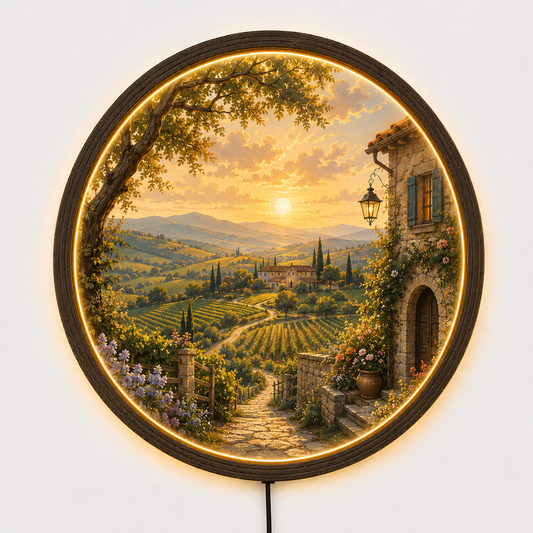 Tuscan Countryside LED Wall Art, Round Lighted Wall Decor, Rustic Farmhouse Landscape, Italy Vineyard Sunset Wall Hanging, Warm Ambient Bedroom Living Room Gift