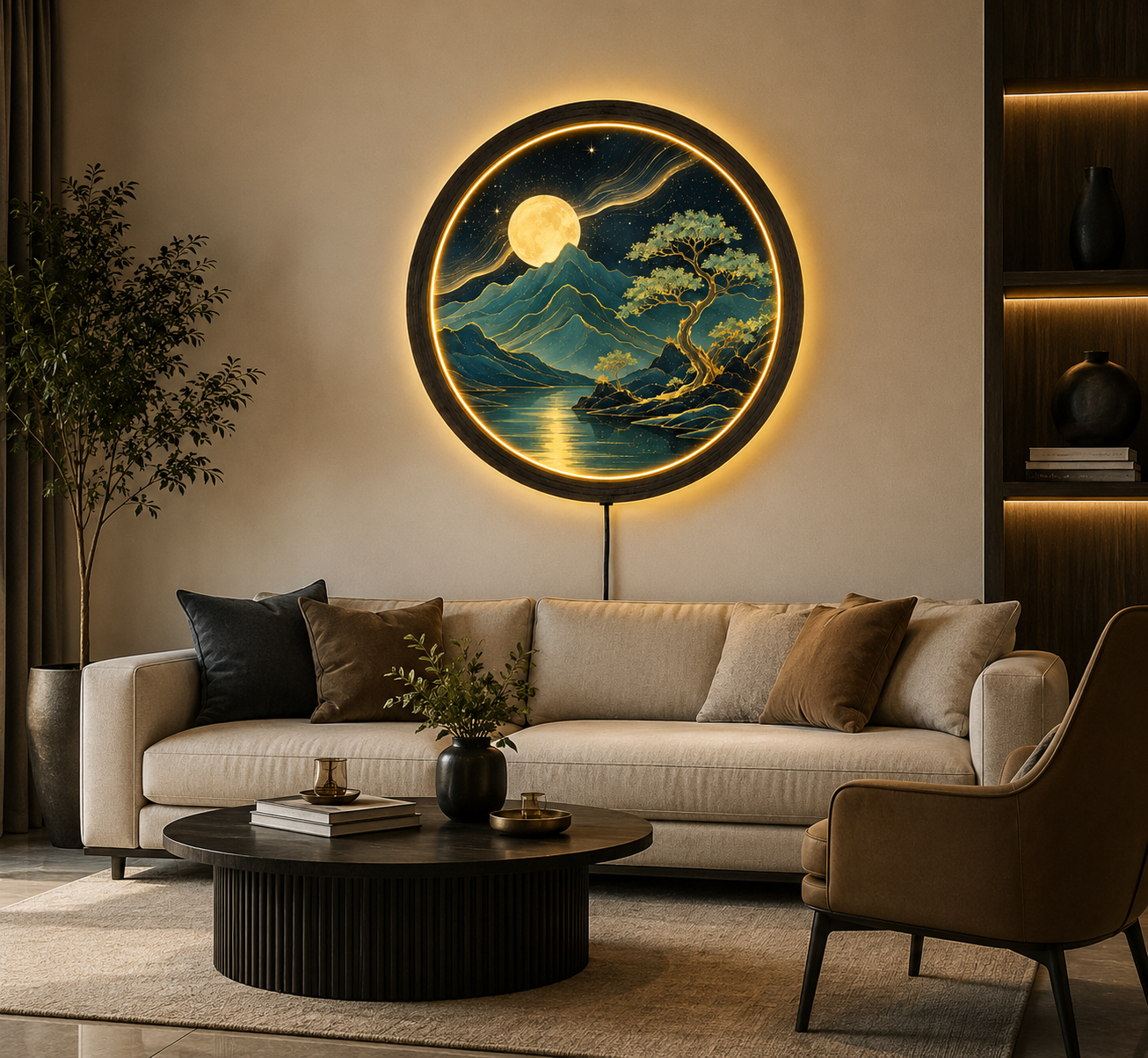 Moon Mountain LED Wall Art, Japanese Landscape Round Light, Bonsai Tree Wall Decor, Celestial Night Lamp, Zen Home Decor Gift