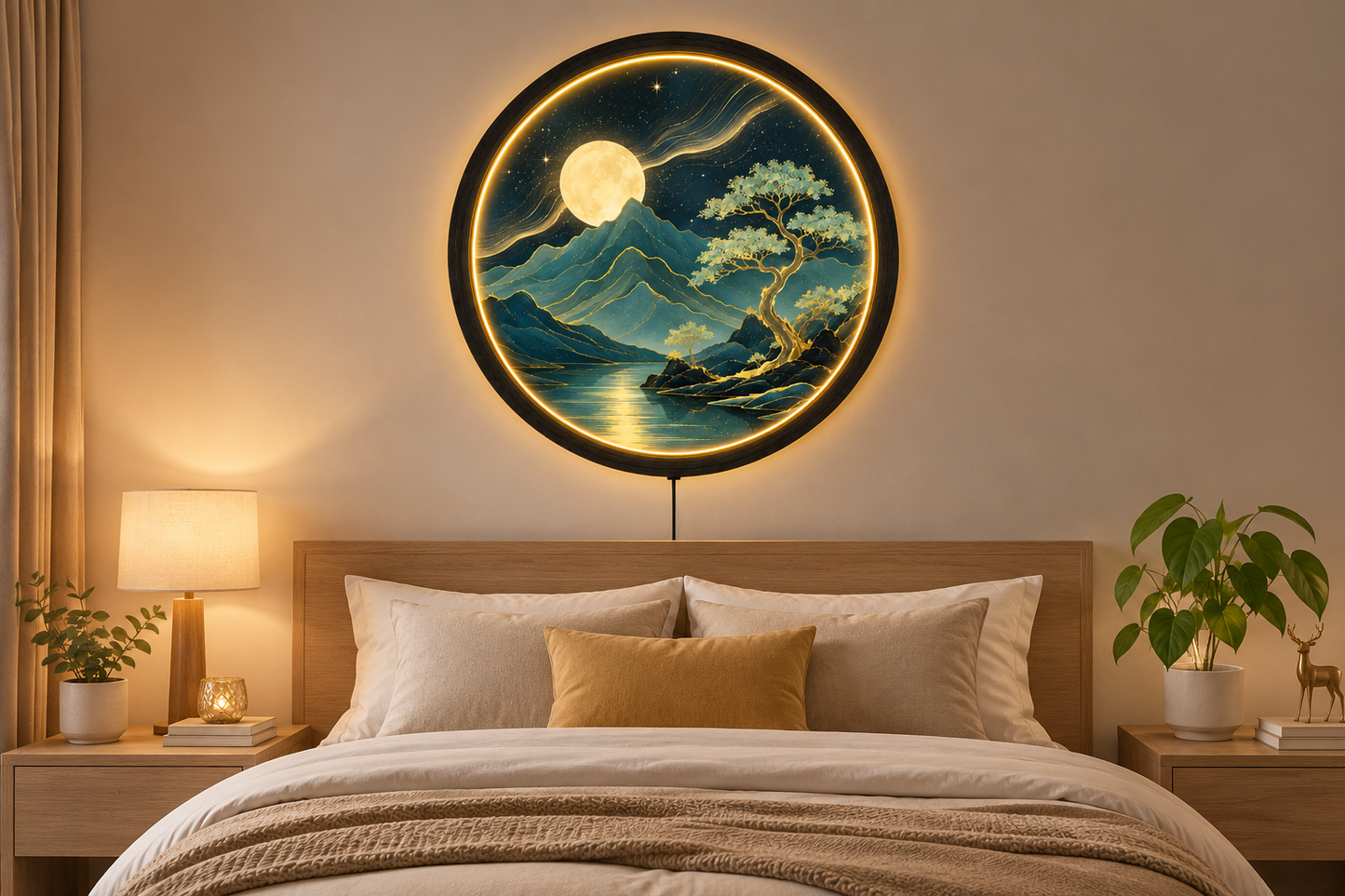 Moon Mountain LED Wall Art, Japanese Landscape Round Light, Bonsai Tree Wall Decor, Celestial Night Lamp, Zen Home Decor Gift