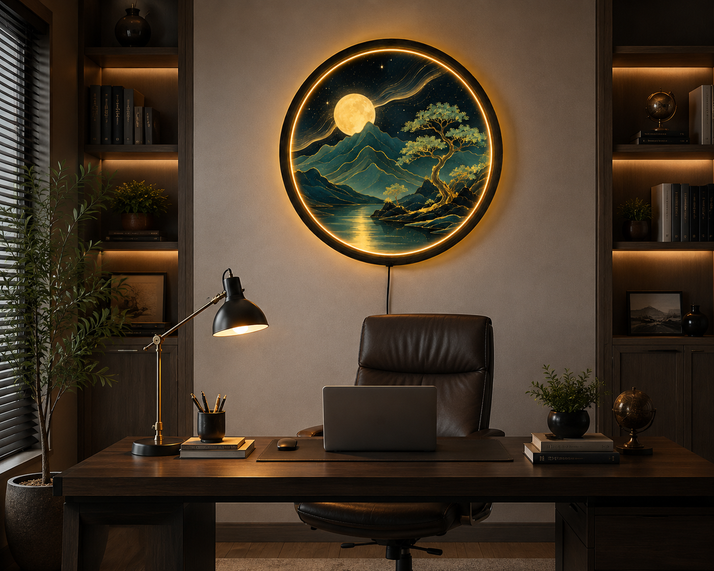 Moon Mountain LED Wall Art, Japanese Landscape Round Light, Bonsai Tree Wall Decor, Celestial Night Lamp, Zen Home Decor Gift