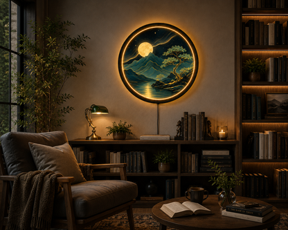 Moon Mountain LED Wall Art, Japanese Landscape Round Light, Bonsai Tree Wall Decor, Celestial Night Lamp, Zen Home Decor Gift