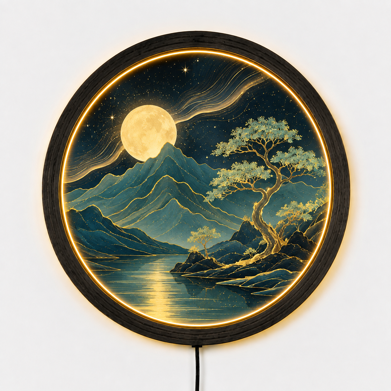 Moon Mountain LED Wall Art, Japanese Landscape Round Light, Bonsai Tree Wall Decor, Celestial Night Lamp, Zen Home Decor Gift