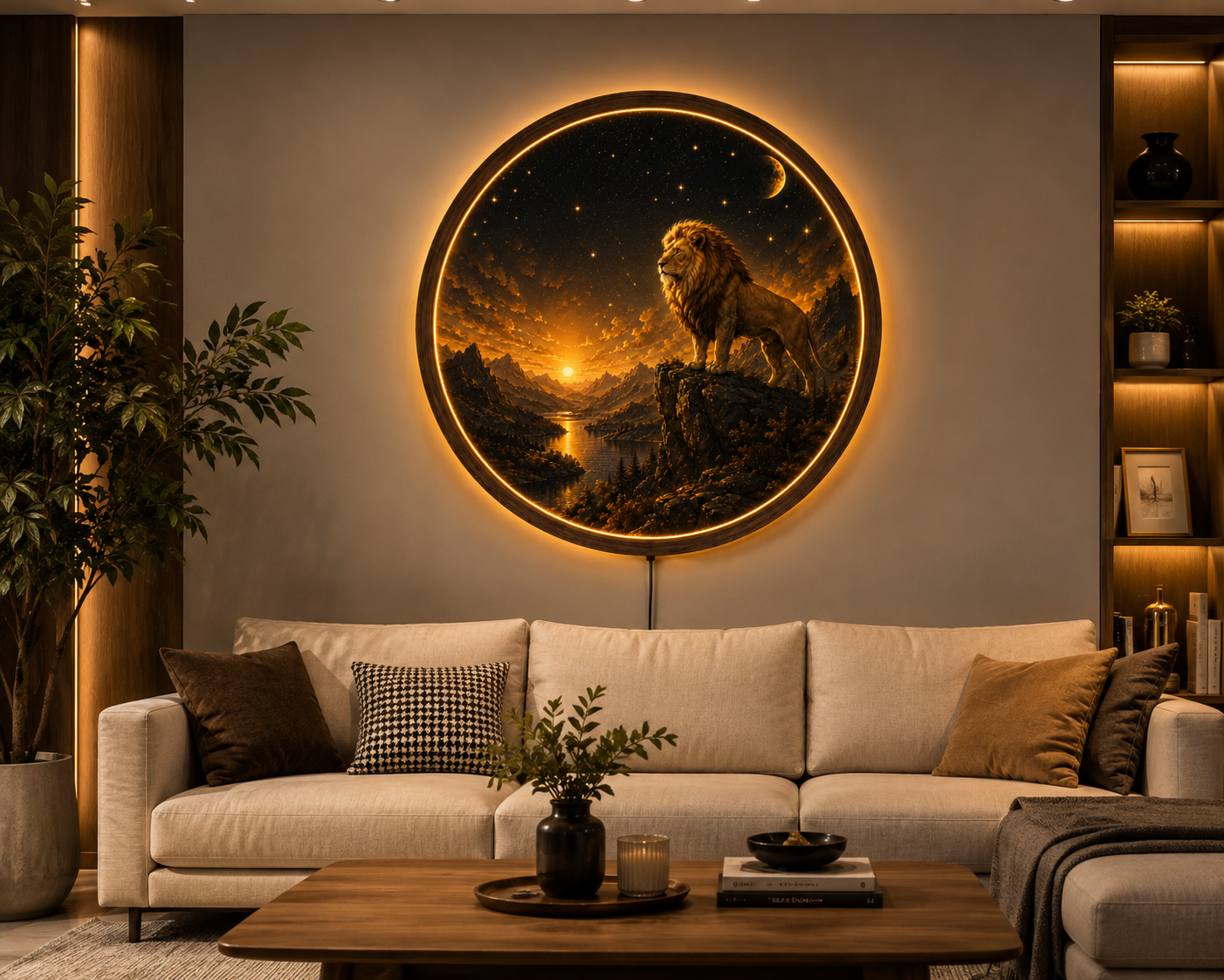 Lion LED Wall Art, Mountain Sunset Lighted Wall Decor, Round Lion Wall Lamp, Rustic Wildlife Home Decor, Gift for Him