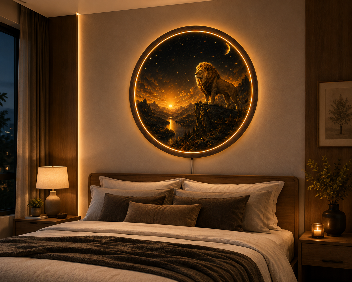 Lion LED Wall Art, Mountain Sunset Lighted Wall Decor, Round Lion Wall Lamp, Rustic Wildlife Home Decor, Gift for Him
