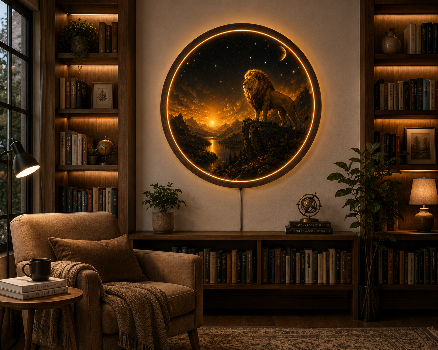 Lion LED Wall Art, Mountain Sunset Lighted Wall Decor, Round Lion Wall Lamp, Rustic Wildlife Home Decor, Gift for Him