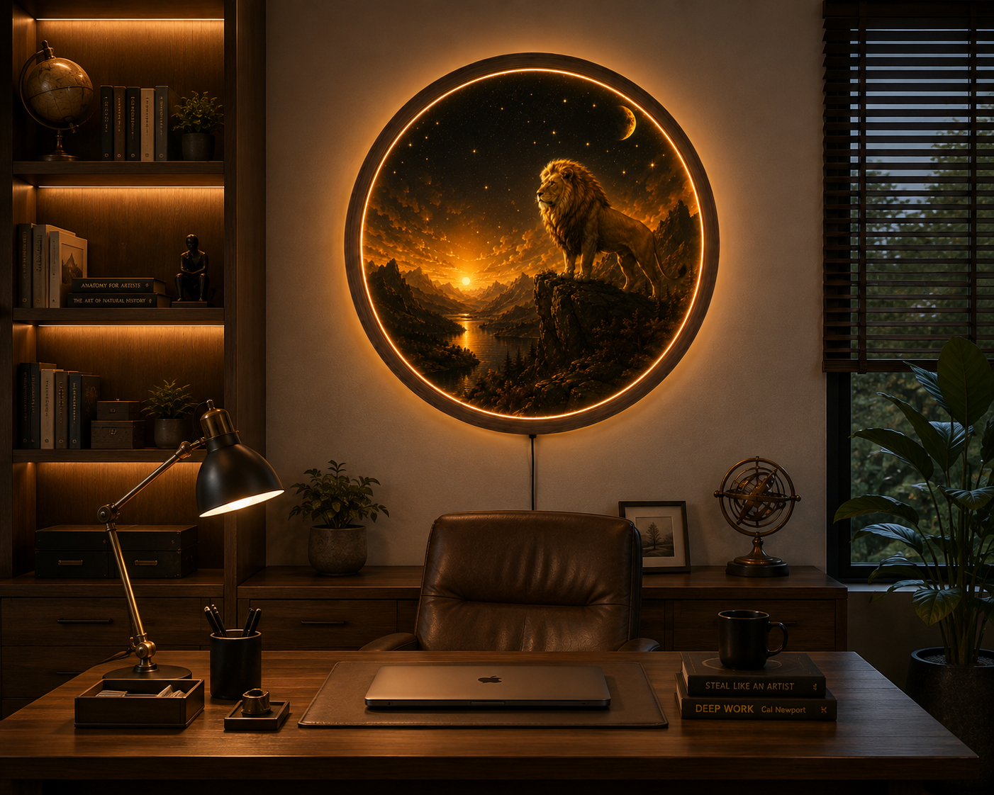 Lion LED Wall Art, Mountain Sunset Lighted Wall Decor, Round Lion Wall Lamp, Rustic Wildlife Home Decor, Gift for Him