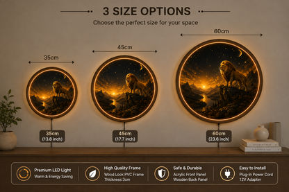 Lion LED Wall Art, Mountain Sunset Lighted Wall Decor, Round Lion Wall Lamp, Rustic Wildlife Home Decor, Gift for Him