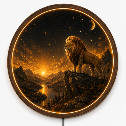Lion LED Wall Art, Mountain Sunset Lighted Wall Decor, Round Lion Wall Lamp, Rustic Wildlife Home Decor, Gift for Him