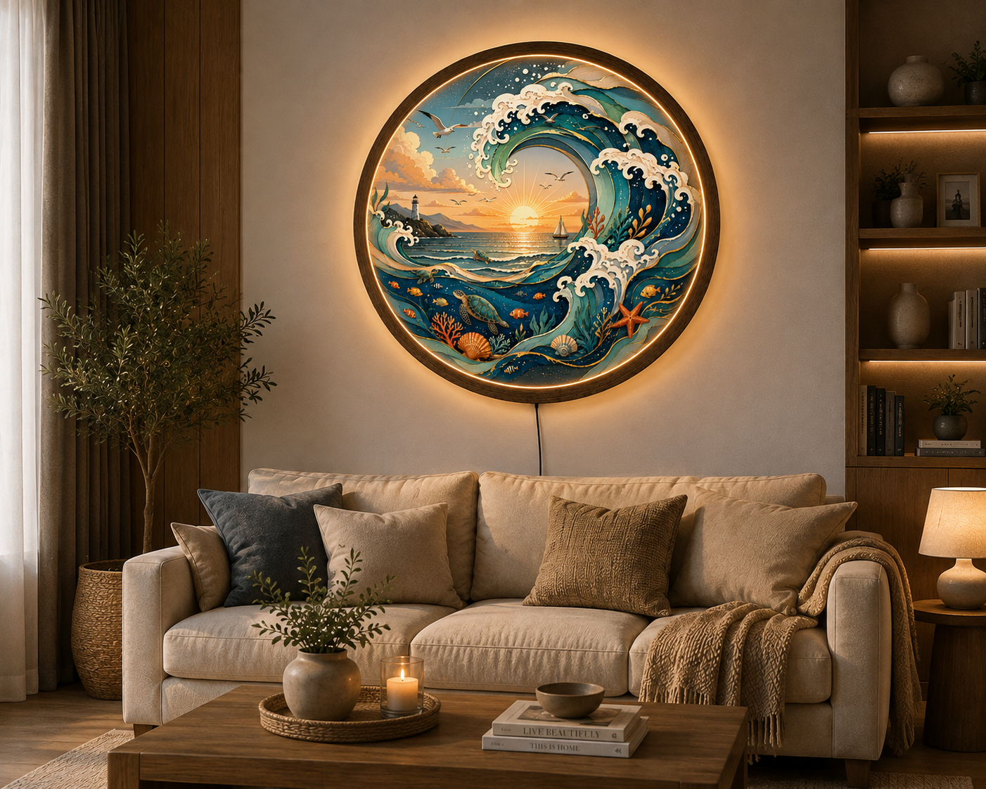 Ocean Wave LED Wall Art, Coastal Sea Turtle Lighted Wall Decor, Round Nautical Wall Lamp, Beach House Decor, Ocean Lover Gift