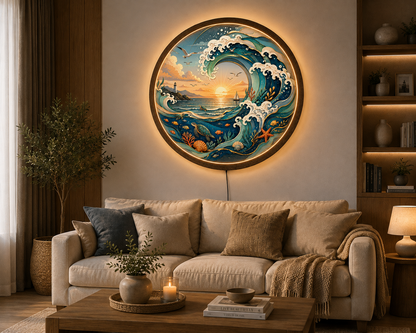 Ocean Wave LED Wall Art, Coastal Sea Turtle Lighted Wall Decor, Round Nautical Wall Lamp, Beach House Decor, Ocean Lover Gift