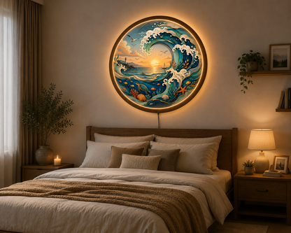 Ocean Wave LED Wall Art, Coastal Sea Turtle Lighted Wall Decor, Round Nautical Wall Lamp, Beach House Decor, Ocean Lover Gift