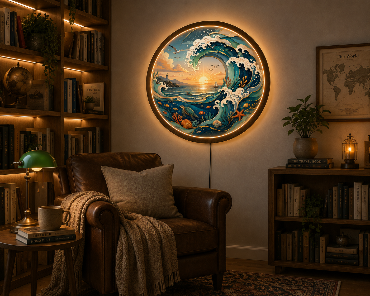 Ocean Wave LED Wall Art, Coastal Sea Turtle Lighted Wall Decor, Round Nautical Wall Lamp, Beach House Decor, Ocean Lover Gift