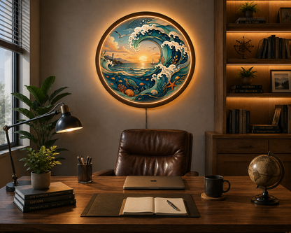 Ocean Wave LED Wall Art, Coastal Sea Turtle Lighted Wall Decor, Round Nautical Wall Lamp, Beach House Decor, Ocean Lover Gift