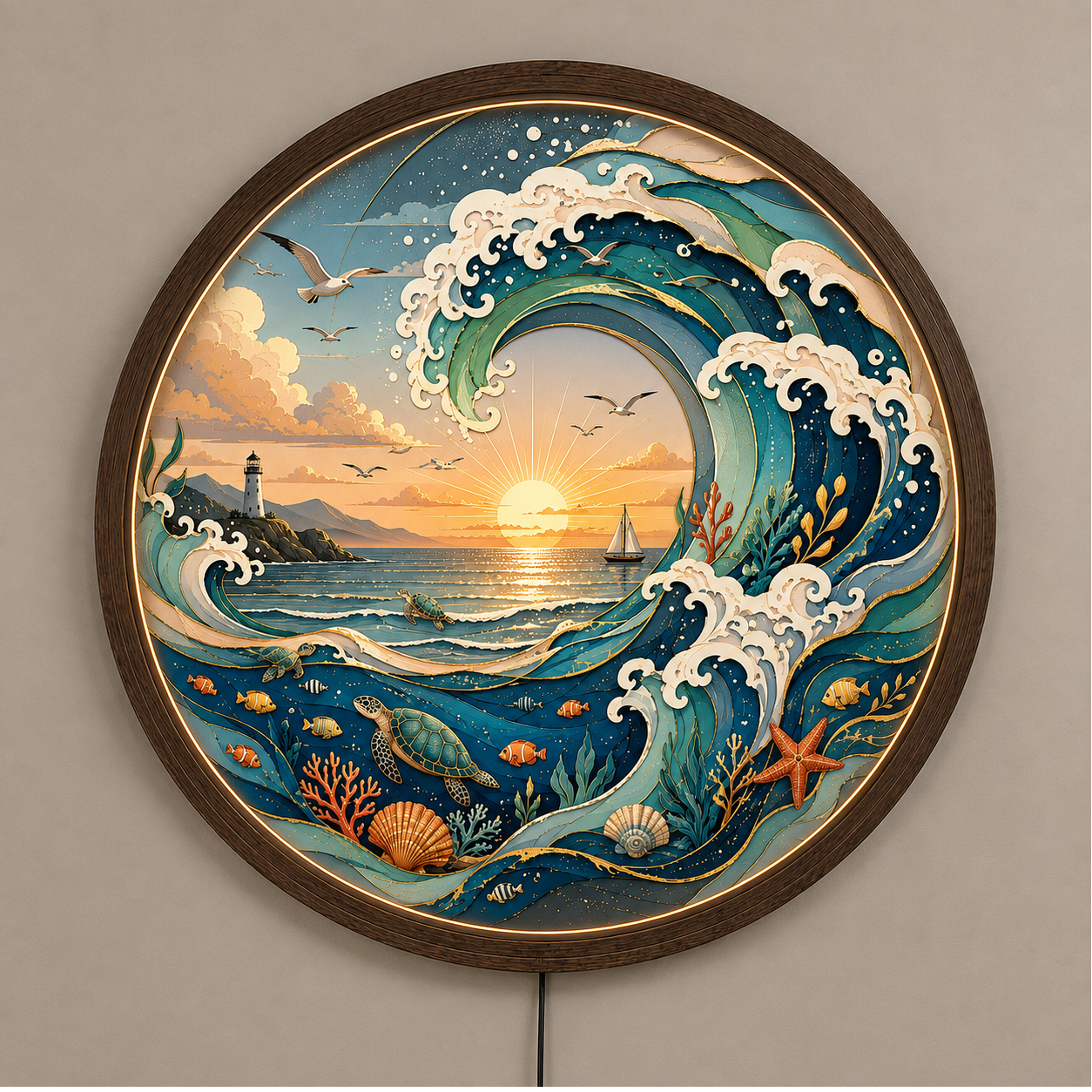 Ocean Wave LED Wall Art, Coastal Sea Turtle Lighted Wall Decor, Round Nautical Wall Lamp, Beach House Decor, Ocean Lover Gift