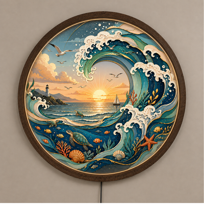 Ocean Wave LED Wall Art, Coastal Sea Turtle Lighted Wall Decor, Round Nautical Wall Lamp, Beach House Decor, Ocean Lover Gift