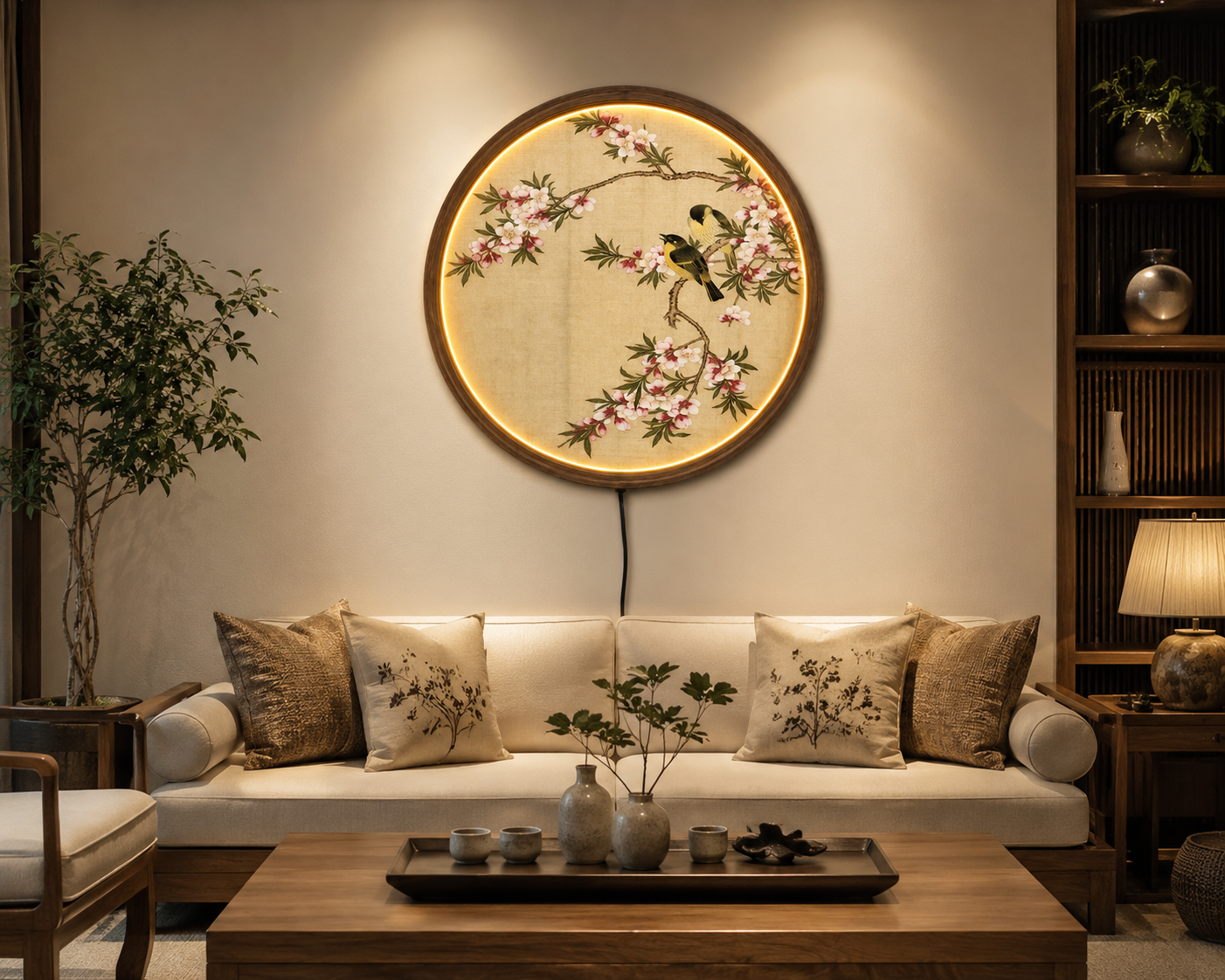 Vintage Bird & Blossom LED Wall Art, Round Floral Lighted Wall Decor, Asian Inspired Botanical Art, Bedroom Living Room Decor