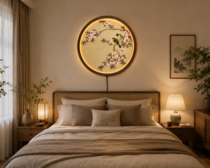 Vintage Bird & Blossom LED Wall Art, Round Floral Lighted Wall Decor, Asian Inspired Botanical Art, Bedroom Living Room Decor