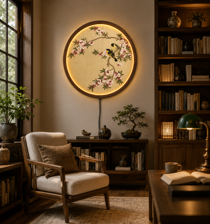 Vintage Bird & Blossom LED Wall Art, Round Floral Lighted Wall Decor, Asian Inspired Botanical Art, Bedroom Living Room Decor