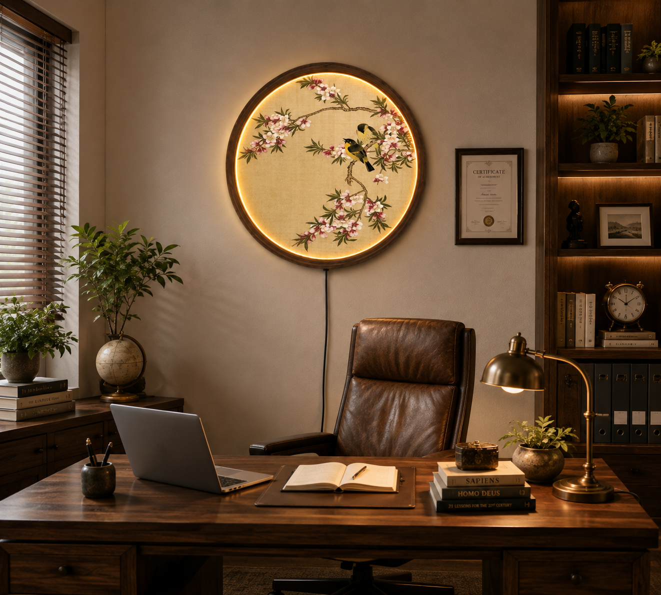 Vintage Bird & Blossom LED Wall Art, Round Floral Lighted Wall Decor, Asian Inspired Botanical Art, Bedroom Living Room Decor