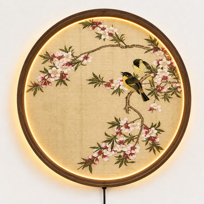 Vintage Bird & Blossom LED Wall Art, Round Floral Lighted Wall Decor, Asian Inspired Botanical Art, Bedroom Living Room Decor