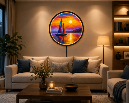 Sailboat Sunset LED Wall Art, Round Ocean Wall Light, Colorful Seascape Decor, Nautical Coastal Wall Art, Beach House Decor