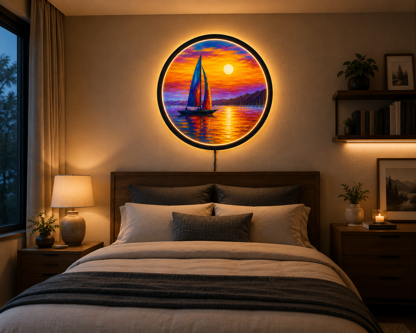 Sailboat Sunset LED Wall Art, Round Ocean Wall Light, Colorful Seascape Decor, Nautical Coastal Wall Art, Beach House Decor