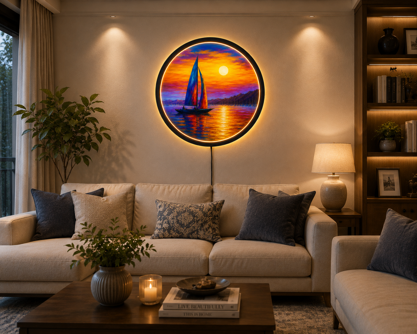 Sailboat Sunset LED Wall Art, Round Ocean Wall Light, Colorful Seascape Decor, Nautical Coastal Wall Art, Beach House Decor