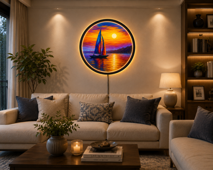 Sailboat Sunset LED Wall Art, Round Ocean Wall Light, Colorful Seascape Decor, Nautical Coastal Wall Art, Beach House Decor