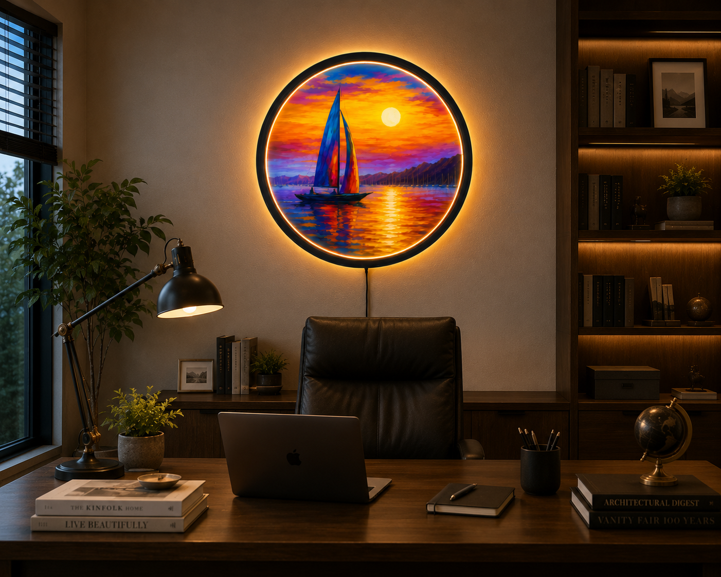 Sailboat Sunset LED Wall Art, Round Ocean Wall Light, Colorful Seascape Decor, Nautical Coastal Wall Art, Beach House Decor