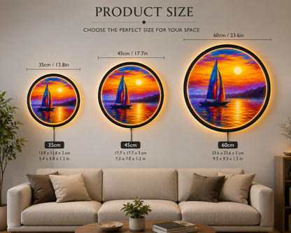 Sailboat Sunset LED Wall Art, Round Ocean Wall Light, Colorful Seascape Decor, Nautical Coastal Wall Art, Beach House Decor