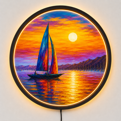 Sailboat Sunset LED Wall Art, Round Ocean Wall Light, Colorful Seascape Decor, Nautical Coastal Wall Art, Beach House Decor