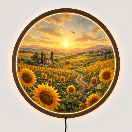 Sunflower Field LED Wall Art, Round Lighted Wall Decor, Sunset Countryside Landscape, Floral Farmhouse Decor, Nature Wall Light
