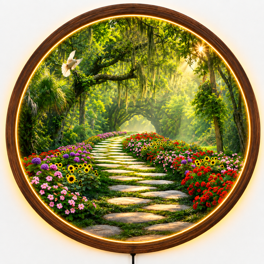 Enchanted Forest LED Wall Art, Floral Garden Path Light, Round Nature Wall Decor, Woodland Landscape Lamp, Botanical Home Decor