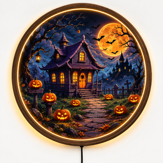 Halloween LED Wall Art, Haunted House Pumpkin Decor, Spooky Moon Lighted Wall Decor, Gothic Halloween Home Decoration