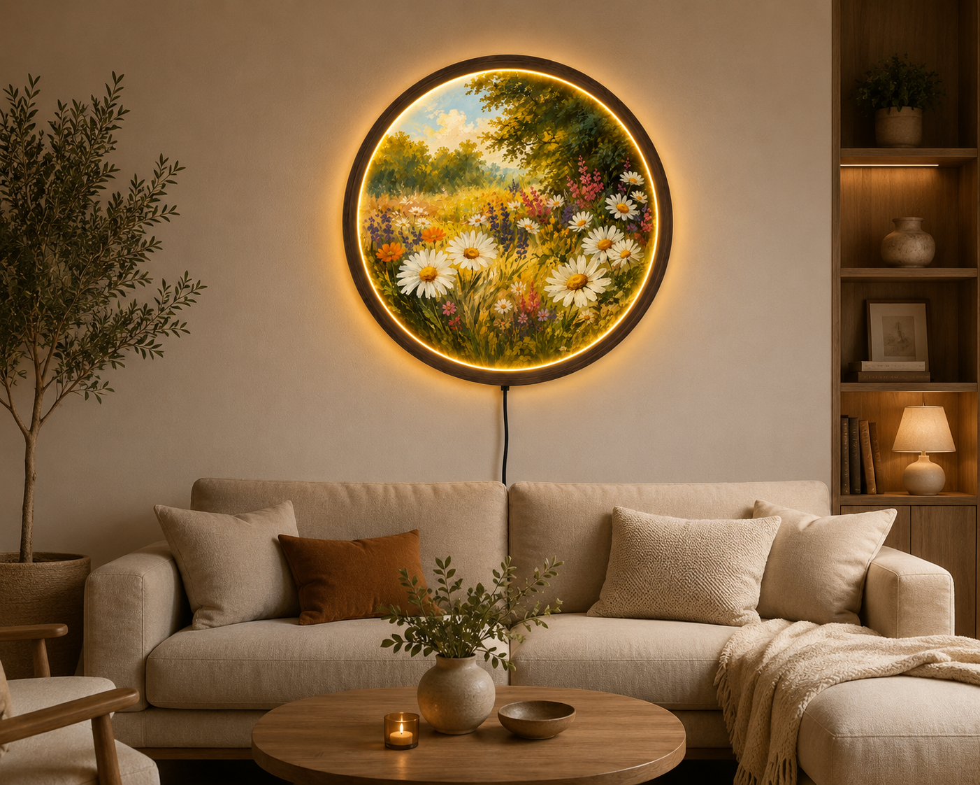 Wildflower Meadow LED Wall Art, Daisy Flower Wall Light, Round Floral Decor, Cottagecore Nature Wall Art, Botanical Home Decor