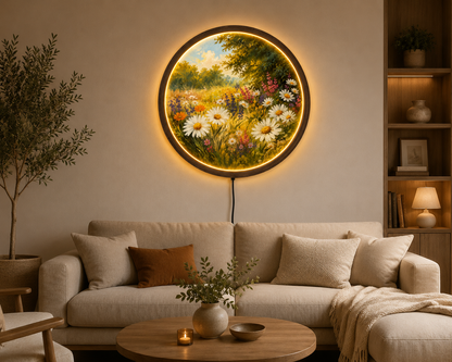 Wildflower Meadow LED Wall Art, Daisy Flower Wall Light, Round Floral Decor, Cottagecore Nature Wall Art, Botanical Home Decor