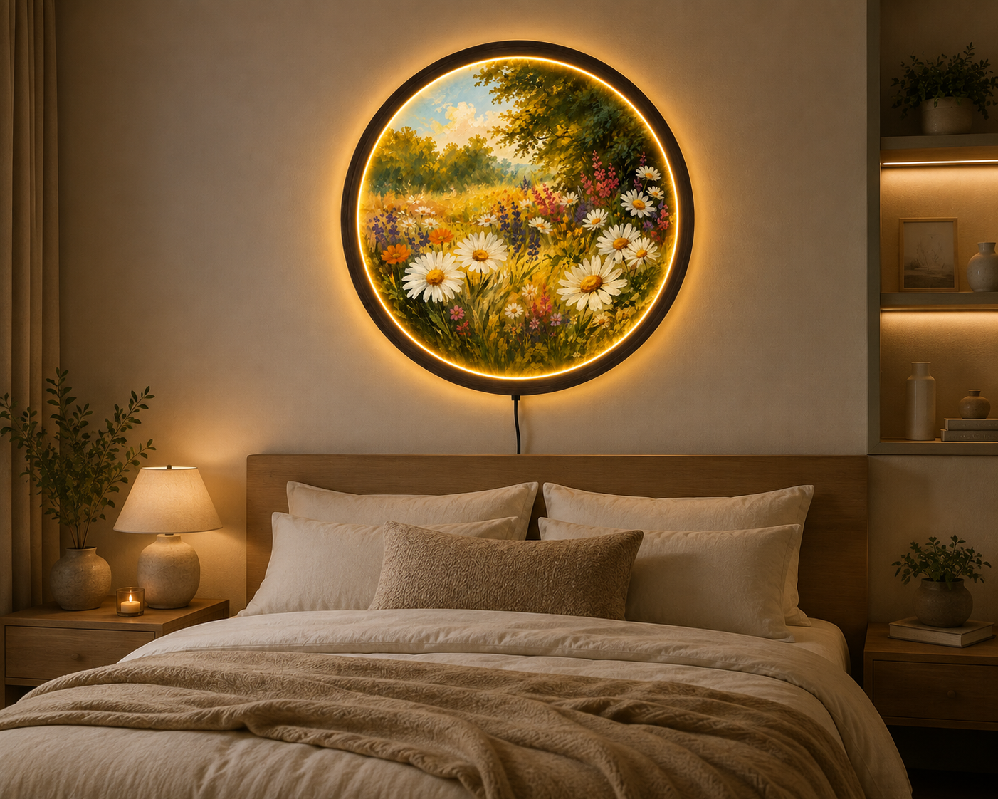 Wildflower Meadow LED Wall Art, Daisy Flower Wall Light, Round Floral Decor, Cottagecore Nature Wall Art, Botanical Home Decor